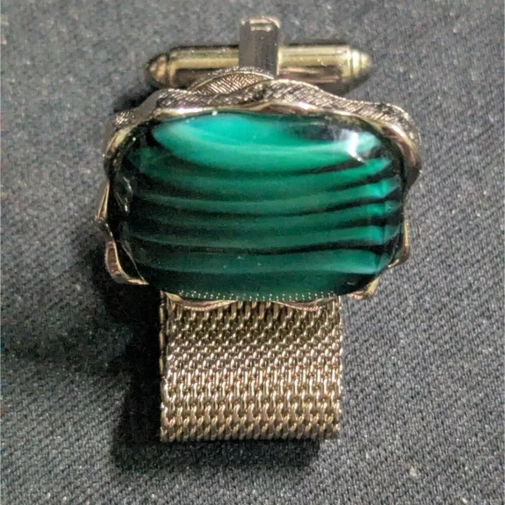 Vintage Dante Gold Tone Green‎ Art Glass Mesh Wrap Around Cufflinks